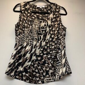 Kasper Blouse Women PM Black Tan Excellent Sleeveless Pleated Abstract Shell